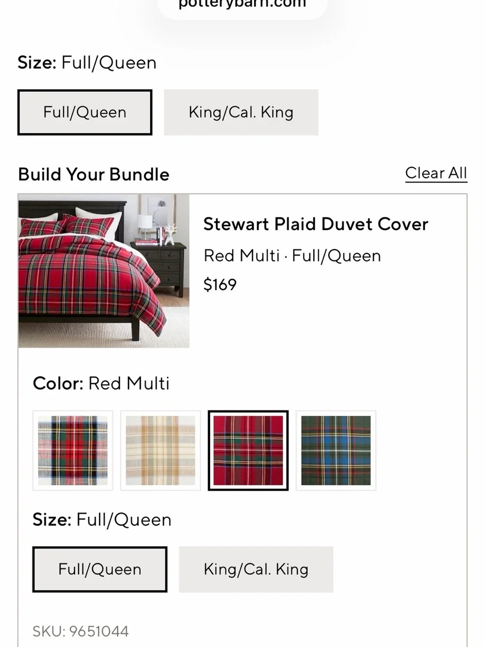 NWOT Pottery Barn Stewart Plaid Cotton Duvet Cover in Red Plaid Queen Size